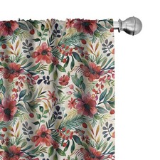 Christmas Curtains, Xmas Floral Illustration Closeup with Berries Family Time...