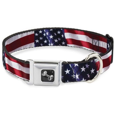 Seatbelt Buckle Dog Collar - American Flag Vivid CLOSE-UP - 1'' Wide - Fits 15...