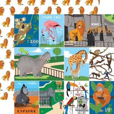 2 Sheets of Carta Bella Paper ZOO ADVENTURE 12x12 Cardstock - Multi Journaling