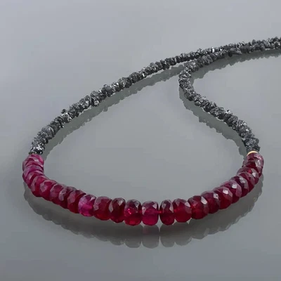 Vatslacreation Natürliche Schwarze Diamant- & Rubin-Perlenkette, 925 Silber, 18" - Bild 1 von 4