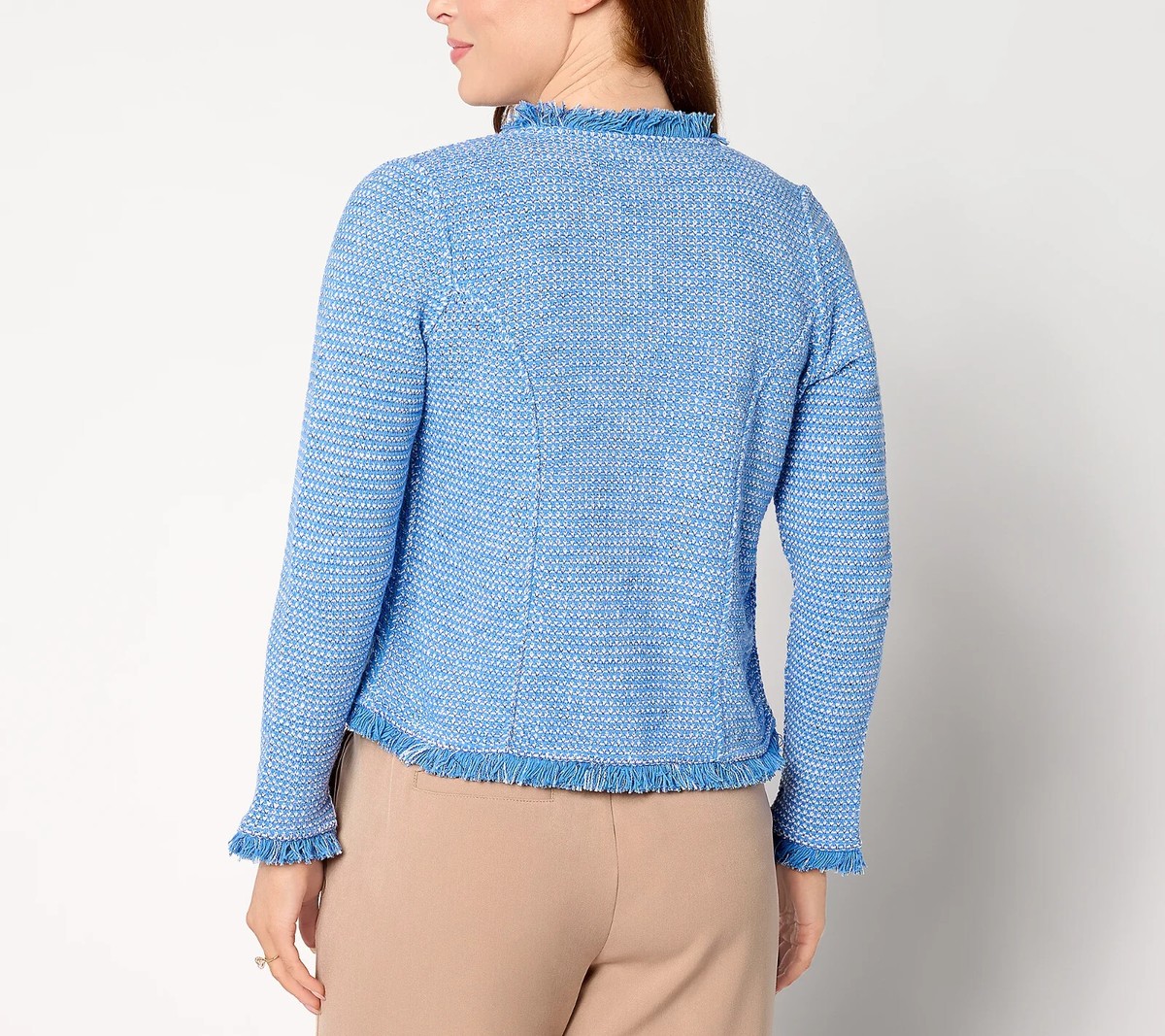 NIC+ZOE Utility Fringe Mix Knit Jacket-Blue-Large-NEW