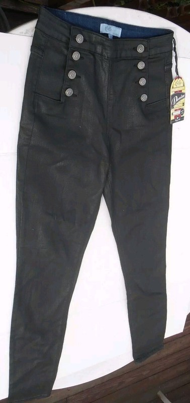 Cello Women's 11 High Rise Sailor ButtonAnkle Skinny Jeans Black Dark Wash Denim