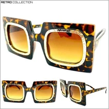 OVERSIZED VINTAGE RETRO Style SUN GLASSES Large Square Tortoise Frame Honey Lens