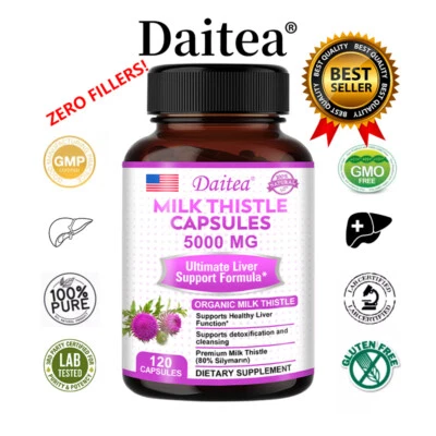 DAITEA Milk Thistle Capsules 5000mg - 120 High Strength Capsules Silymarin Liver