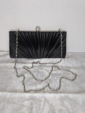 Charming Charlie RSVP Black Pleated Fan Evening Clutch Purse Silver Chain