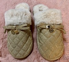 michael kors mk carter gold glitter faux fur slippers wma size 8
