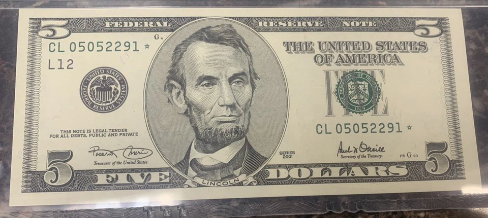 2001 $5 Federal Reserve STAR Note ~ PMG 65 EPQ ~ Fr# 1988-L* ~ San Francisco, CA - Image 2 of 4