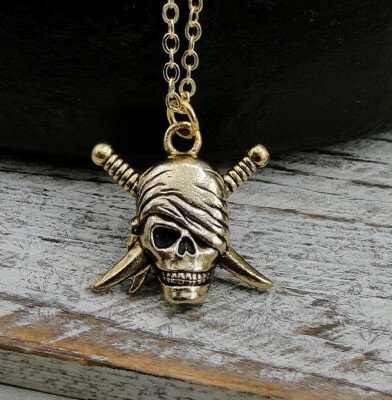 Gold Pirate Skull Necklace - Pirate with Swords Pendant - Gift for 
