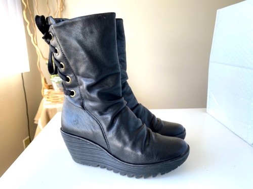 Boots Black Wedge Mid Calf Size 