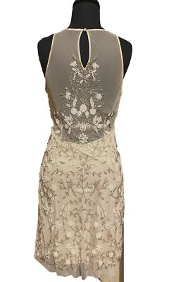Aidan Mattox Dress Beaded Sheer Halter Mini Beige Gold Sequin Size 8 NWT