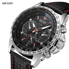 MEGIR Mens Watch Top Luxury Brand Military Army Sport Leather Strap Quartz Watch