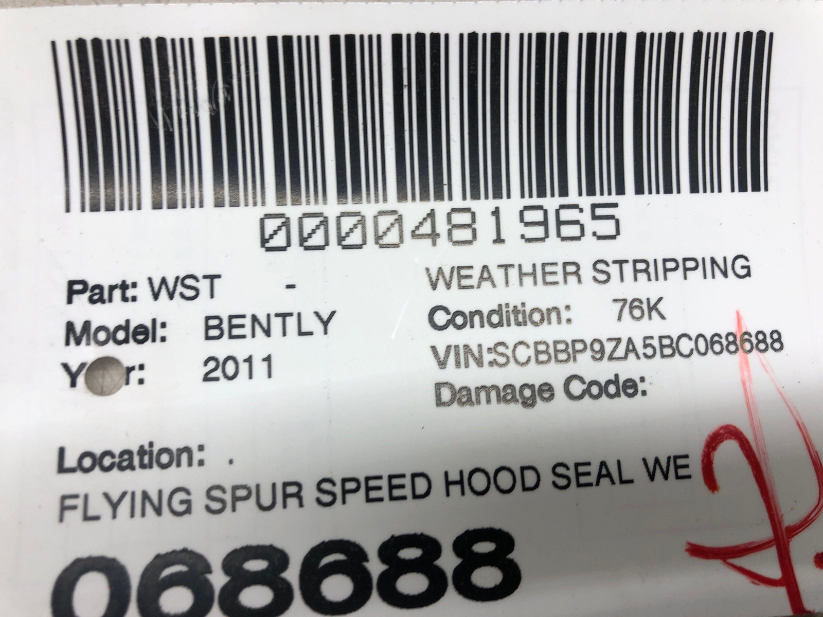 2006-2012 BENTLEY CONTINENTAL OEM HOOD SEAL WEATHERSTRIP 3W0823707A