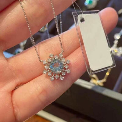 2 Ct Round Cut Aquamarine Snowflake Pendant Necklace Women's Silver Jewelry