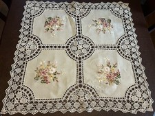 Gorgeous Veg Crocheted Lace Floral Square Tablecloth W Embroidered Satin Florals