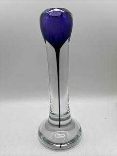 S. Adams Signed Handblown Art Glass Candlestick Holder Cobalt Blue Drop Pedestal