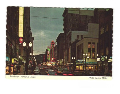 #ad Broadway at night Portland Oregon city of Roses vintage postcard unposted $6.95