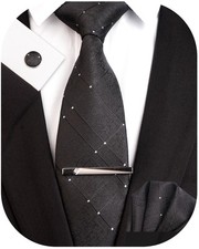 Plaid Men's Tie Silk Necktie and Pocket Square Cufflink Tie Clip Set Black Ch...