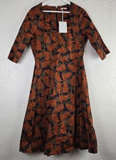 Joe Browns Fit and Flare Dress Leaf Print Rust Navy Womens UK 12 No Belt NEW