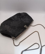 Vintage Delill Black Beaded Clutch Purse w/Silver Chain and Frame
