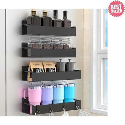 4 Pack Magnetic Spice Rack Organizer for Refrigerator and Oven, Black Fridge Org