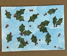 ACEO Original Watercolor Painting Art Christmas Holly Leaves Berries