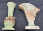 PAIR OF VINTAGE GREEN & BROWN McCOY VASES BIRD ON NEST AND HANGING GRAPES