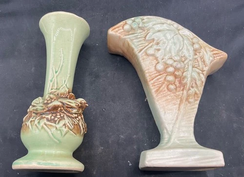 PAIR OF VINTAGE GREEN & BROWN McCOY VASES BIRD ON NEST AND HANGING GRAPES