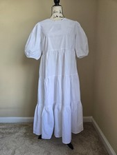 Aqua tiered poplin dress womens L white cotton cottagecore peasant