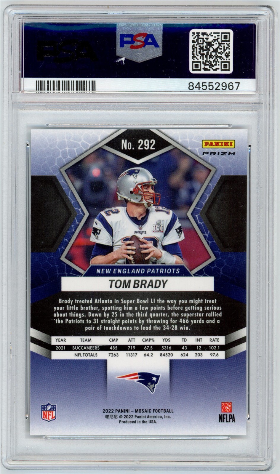 2022 Mosaic TOM BRADY Red Sparkle #292 PATRIOTS PSA 10 GEM MINT Fast Ship A307 view 2