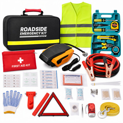 32PC Roadside Emergency Kit Car Safety Tool Set Jumper Cables Air Pump First Aid