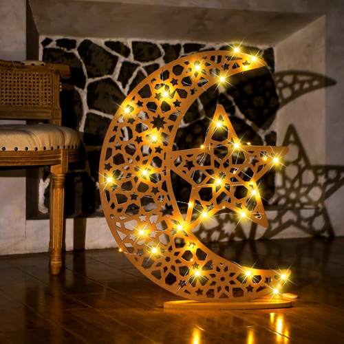 Eid Crafts Night Light Wooden Ramadan Star Crescent Mubarak Lamp Decor Glittery - Picture 9 of 12