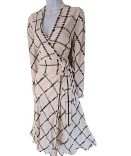 Womens Karen Millen Black Cream Check Plaid Midi Fit And Flare Wrap Dress 12. - Picture 7 of 12