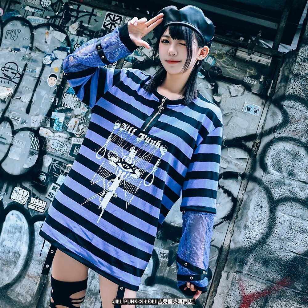 Y2K Punk Visual Kei Rock cross Charm unisex Striped 1/4 zip Y2K Punk Visual Kei Rock cross Charm unisex Striped 1/4 zip