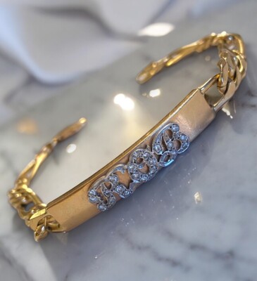 Vintage 14k Yellow Gold CUSTOM BAR ID  ROB  Diamond Figaro 8  Chain Bracelet!