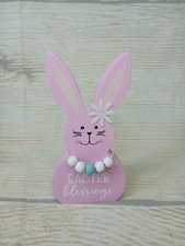 New "Easter Blessings" Wood Cutout Bunny Beads Sign Spring Decor Tier Tray Pink