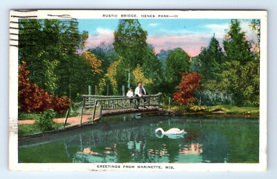 #ad Vintage Postcard Rustic Bridge Henes Park Greetings From Marinette Wisconsin WI $4.49