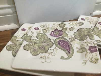 Laurie Gates Melrose Square TWO SALAD Plates Purple TAUPE Embossed DOTS 8.5''