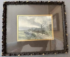 Antique Wood Plaster Black Gold Painted Picture Frame w Glass Unsigned Print