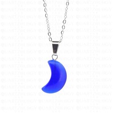 Crescent Moon Necklace Blue Cats Eye Quartz Crystal Healing Stone Silver Chain