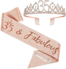 35Th Birthday Sash and Tiara for Women, Rose Gold Birthday Sash Crown 35 Fabul