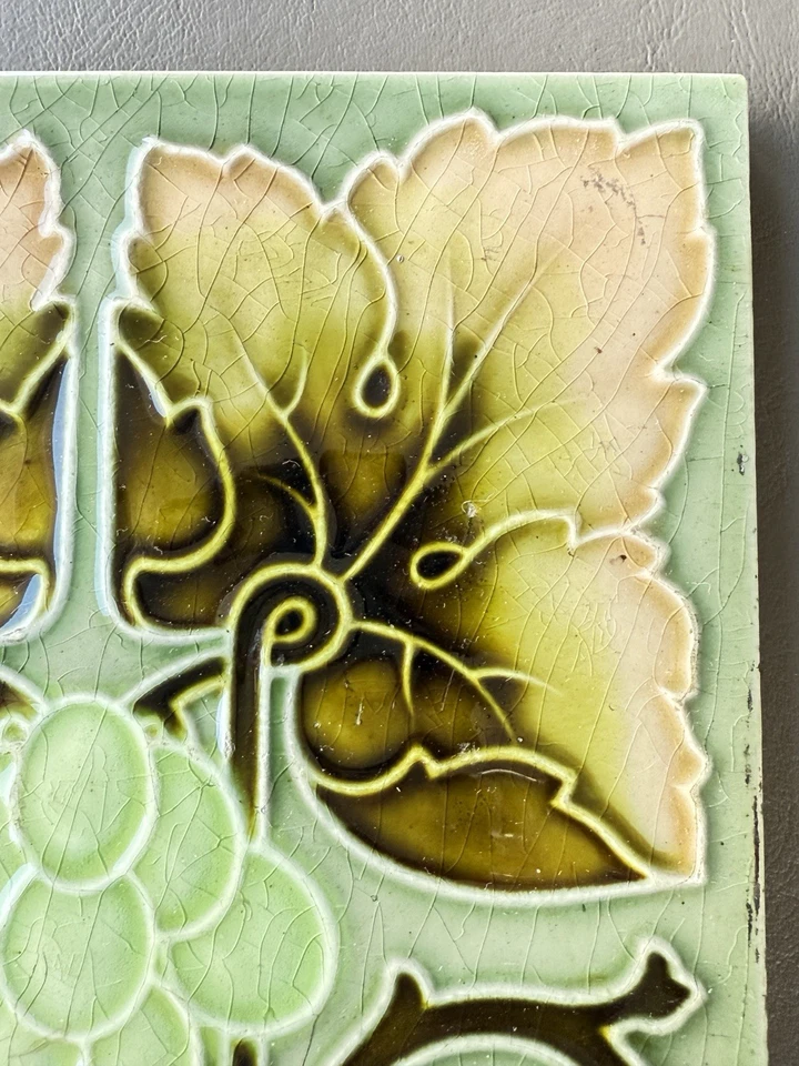 Art Nouveau Tile High Relief Floral Grapevine 6”sq - Image 3 of 4