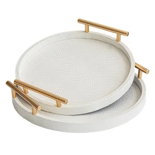 2 Piece White Round Serving Tray with Handles, Woven-Texture Faux Leather Ott...