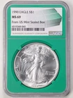 1990 $1 1oz Silver American Eagle MS69 NGC 6019368-060 Green Core Sealed Box