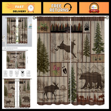 Rustic Cabin Curtains - Retro Moose Deer Bear Lodge Window Treatments, 2 Panel S