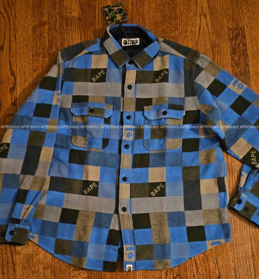 BAPE - A Bathing APE Size Large L Flannel Jacket Button up Blue Gray NWT - New - Image 2 of 4