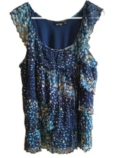 Apt 9 Sleeveless Ruffled Top Blouse  Sz XL Blue Floral Stretch Lined Layered