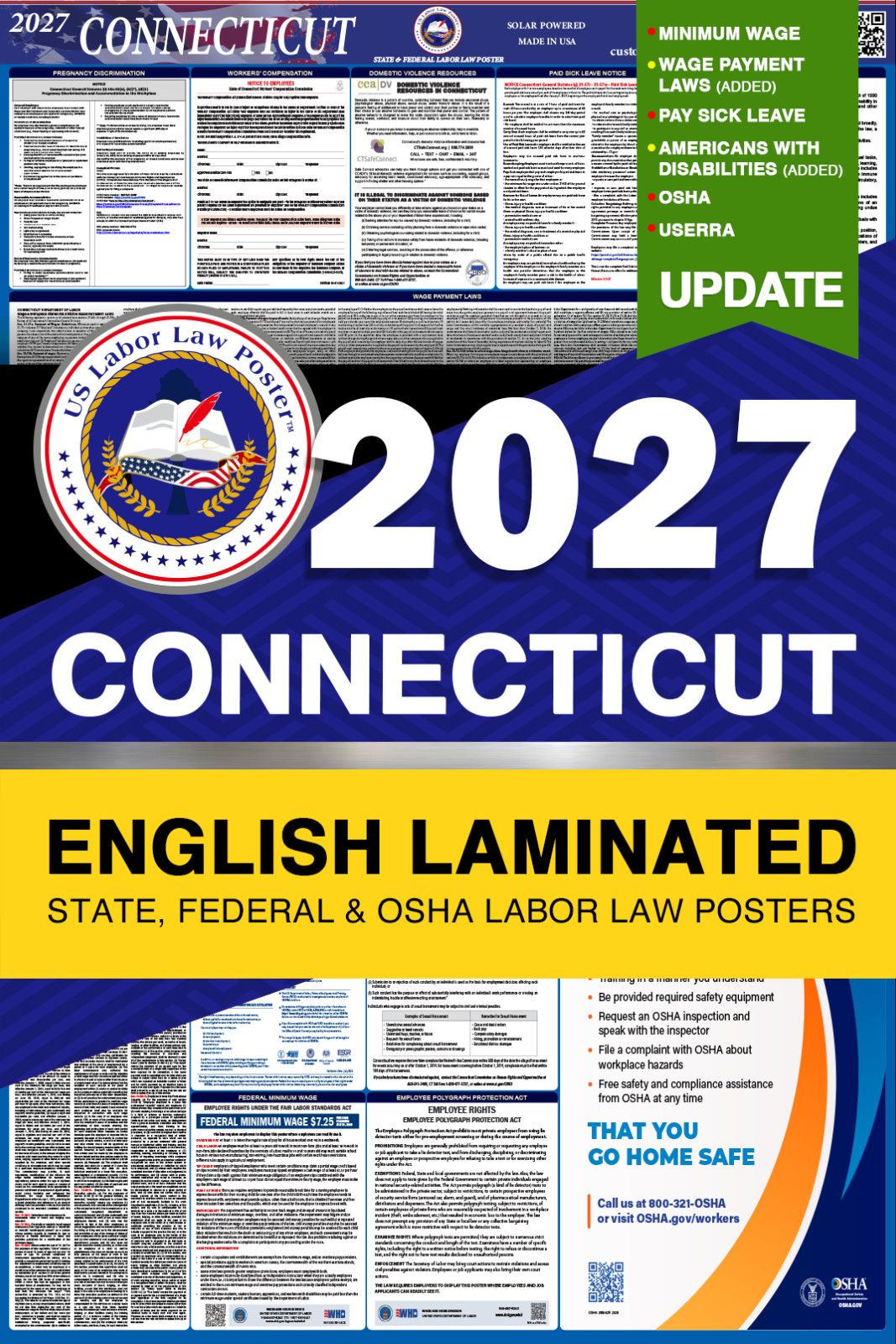 2027 Connecticut CT LABOR LAW POSTER (Federal & State) English Laminated