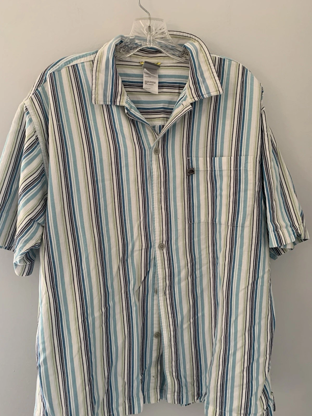 North Face Shirt Mens Lrg Blue StripeButton Up Vented Camp Trail Hiking Casual