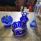 Hand Painted Art Glass Vase Set of 4 Cobalt Blue Signed S. Waters