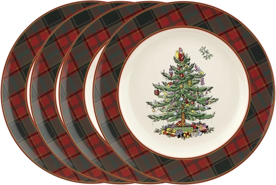 Spode Classic Christmas Tree Tartan 10.5-Inch Dinner Plates Pack - Set of 4